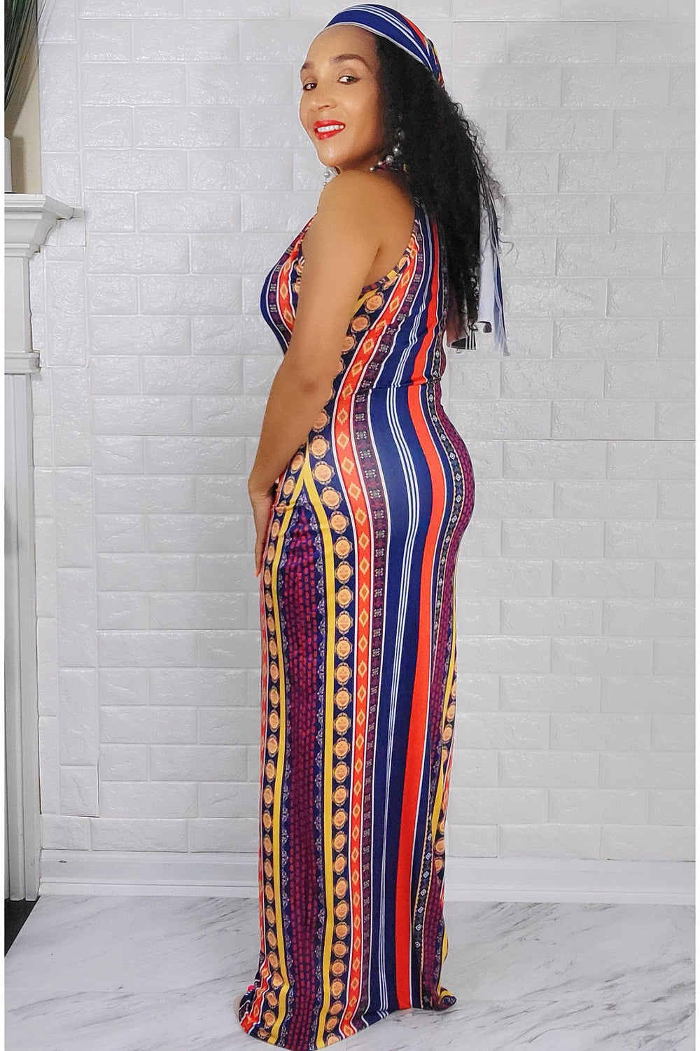 060823 Orange/Navy Blue Multi Print Maxi Dress with Scarf