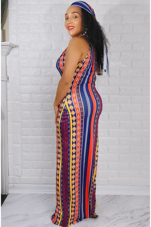 060823 Orange/Navy Blue Multi Print Maxi Dress with Scarf