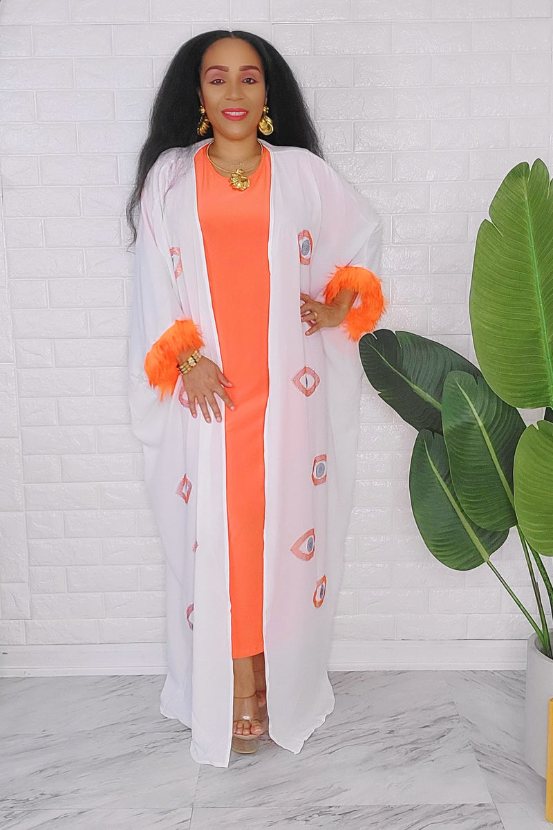 040424 Orange Dress with White Duster with Orange Feather Sleeves Set