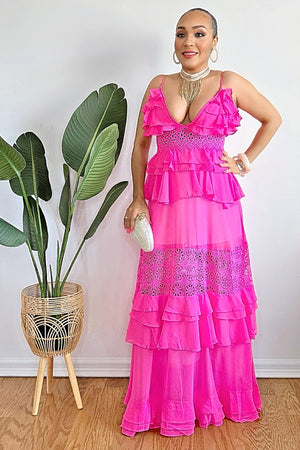 051625 Hot Pink Solid Ruffle Crochet Detail Tiered Maxi Dress