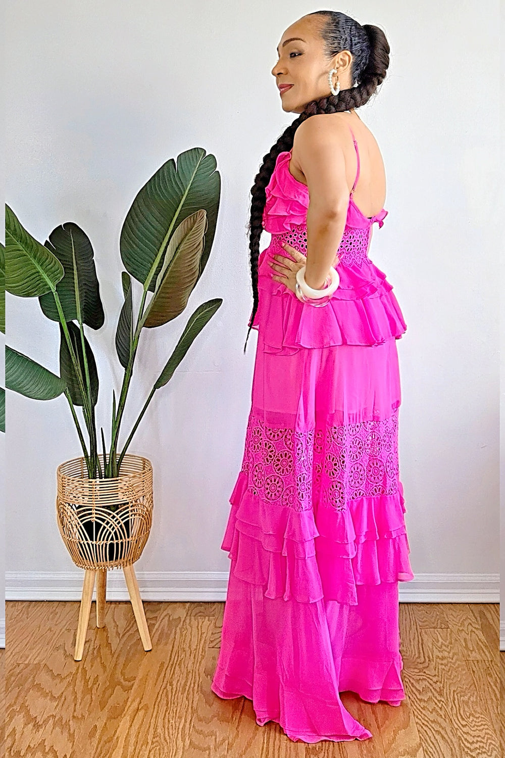 051625 Hot Pink Solid Ruffle Crochet Detail Tiered Maxi Dress