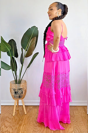 051625 Hot Pink Solid Ruffle Crochet Detail Tiered Maxi Dress