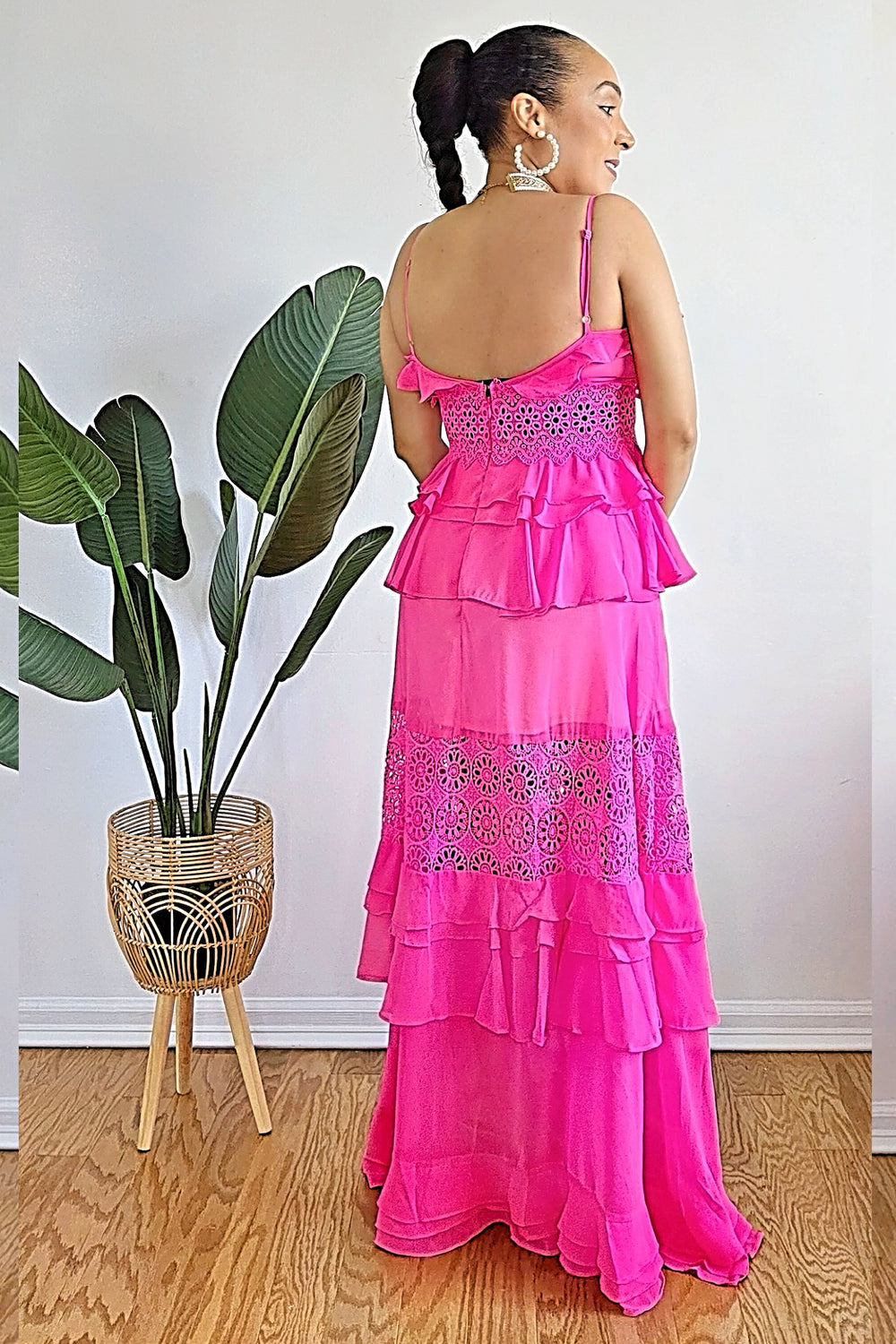051625 Hot Pink Solid Ruffle Crochet Detail Tiered Maxi Dress