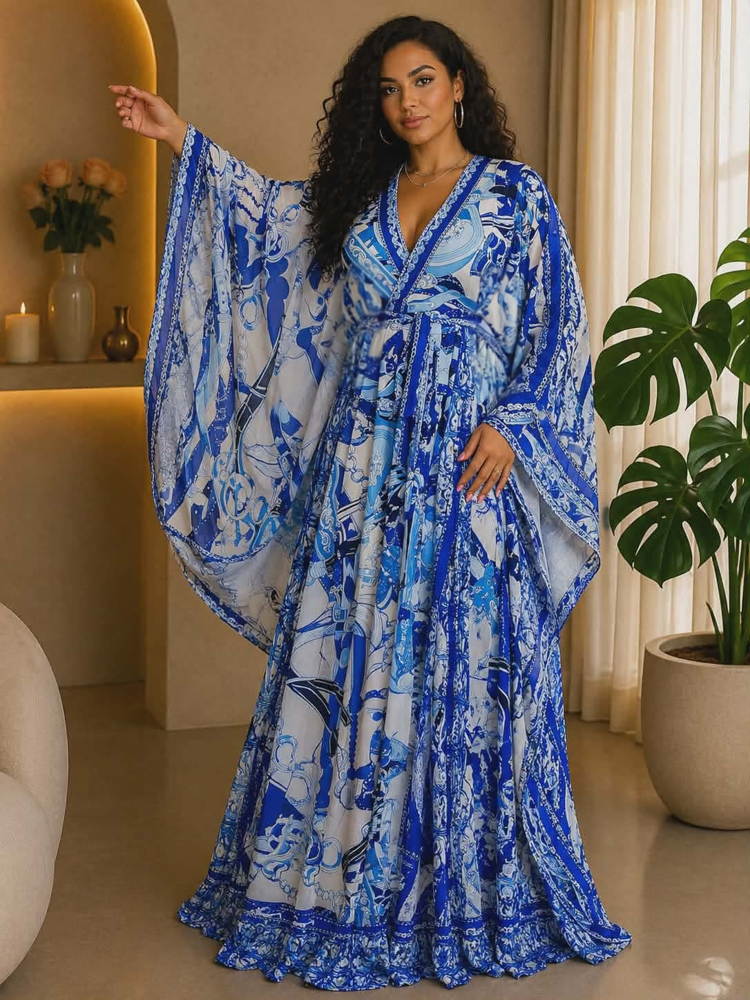 051625 Our Blue Print Unique Kimono Sleeves Maxi Dress UNIK-ELEGANCE 051625 Our Blue Print Unique Kimono Sleeves Maxi Dress UNIK-ELEGANCE