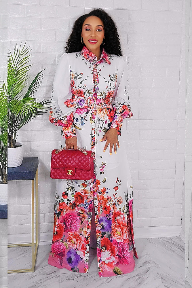 100623 Mauve Florals Garden Border Long Sleeves Button Down Maxi Dress