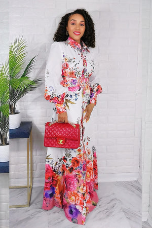 100623 Mauve Florals Garden Border Long Sleeves Button Down Maxi Dress