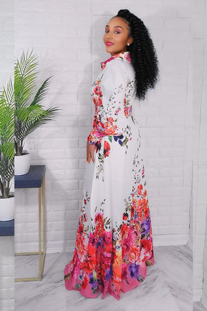 100623 Mauve Florals Garden Border Long Sleeves Button Down Maxi Dress