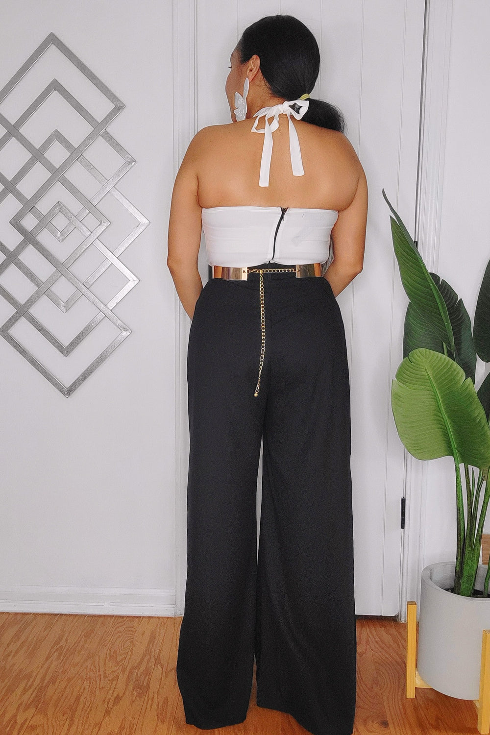 081424 White & Black Chiffon Pleated Rosette Chest Wide Leg Jumpsuit