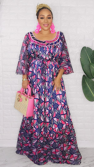 081424 Navy Handmade African Print Maxi Dress