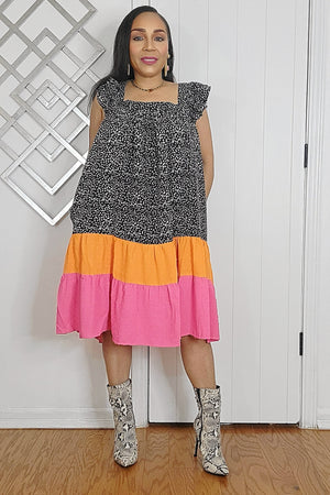 040925 Square Neck Swiss Colorblock Tunic Mini Dress