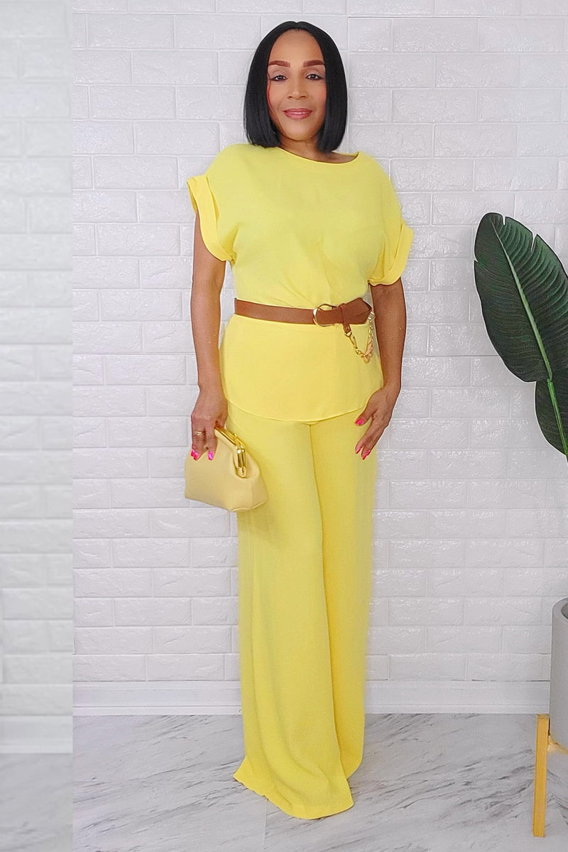 032124 Amelia Yellow Crepe Short Sleeve 2 Pieces Pant & Top Set with Belt