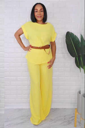 032124 Amelia Yellow Crepe Short Sleeve 2 Pieces Pant & Top Set with Belt