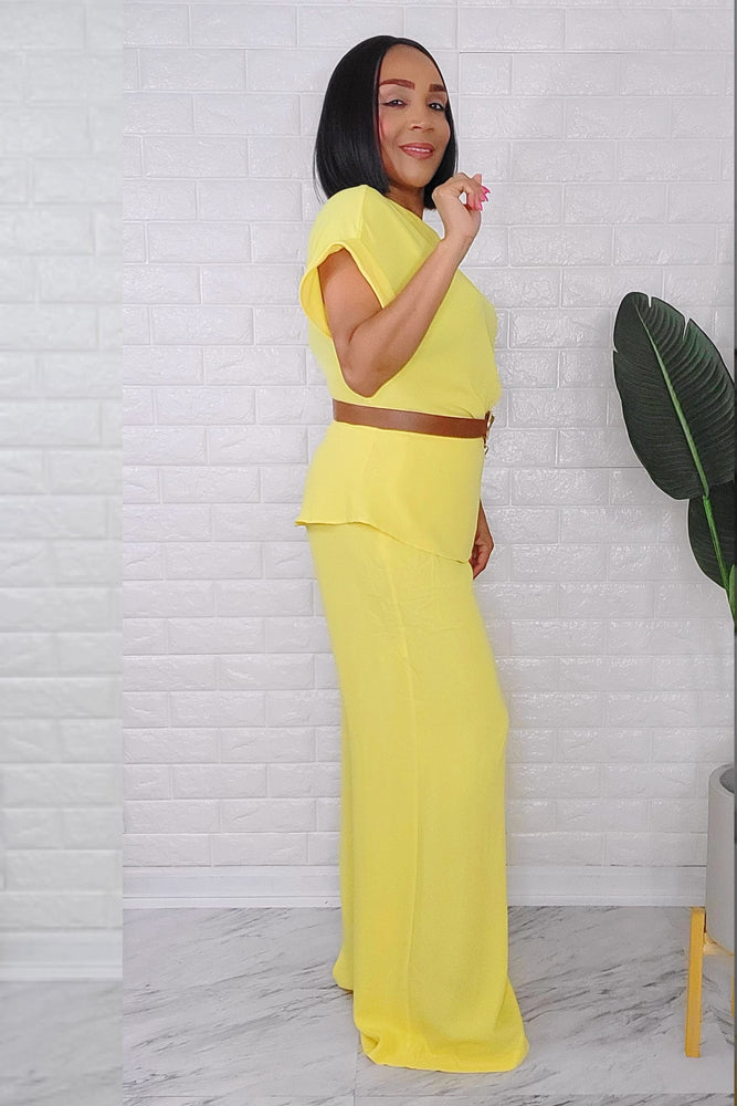 032124 Amelia Yellow Crepe Short Sleeve 2 Pieces Pant & Top Set with Belt