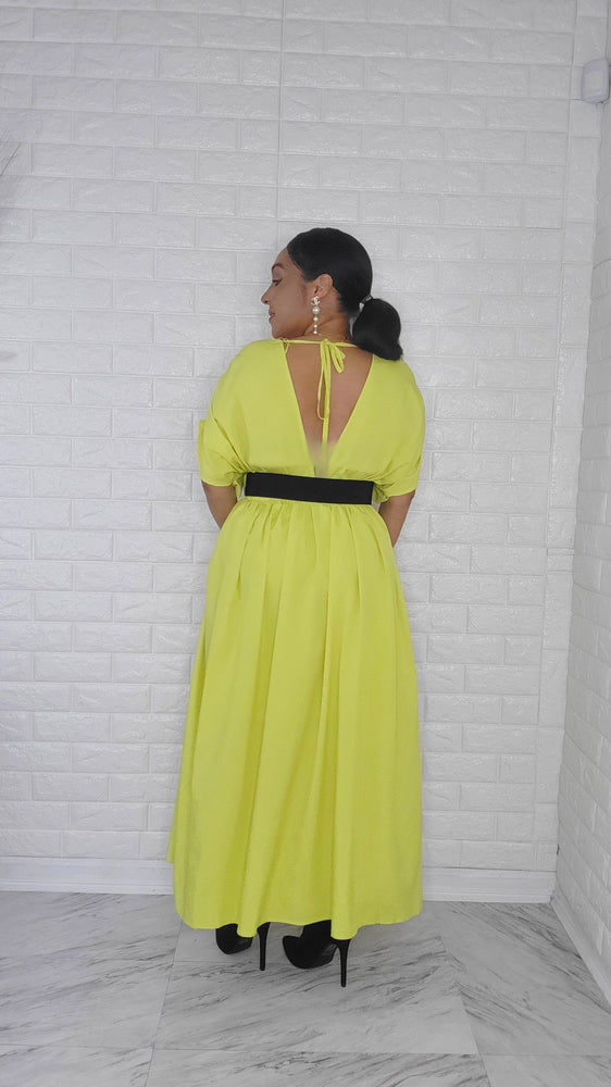 112423 Lime Apple Challi Kimono Ruched Shoulder Midi Dress w/Belt