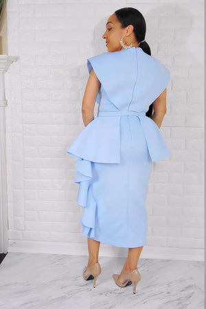 042124 The Blue Foam Side Ruffles Dress with Belt