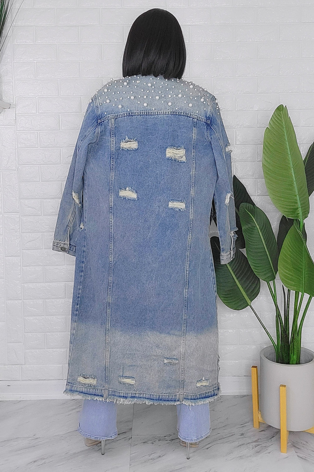 072324  Pearl And Crystal Distressed Long Denim Jacket