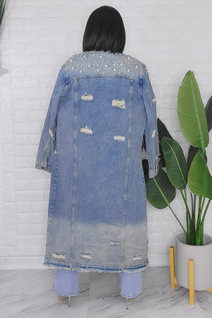072324  Pearl And Crystal Distressed Long Denim Jacket