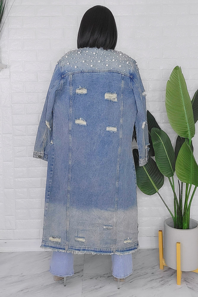 072324  Pearl And Crystal Distressed Long Denim Jacket