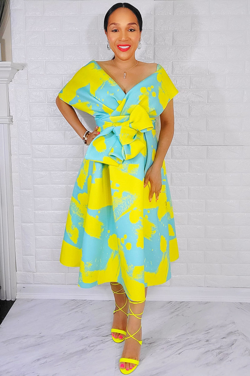 061422 Lady Sonia Neon & Turquoise Print Dress