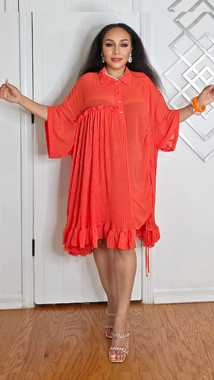 040925 The Oversized Red Pleated Tunic Top/Mini Dress