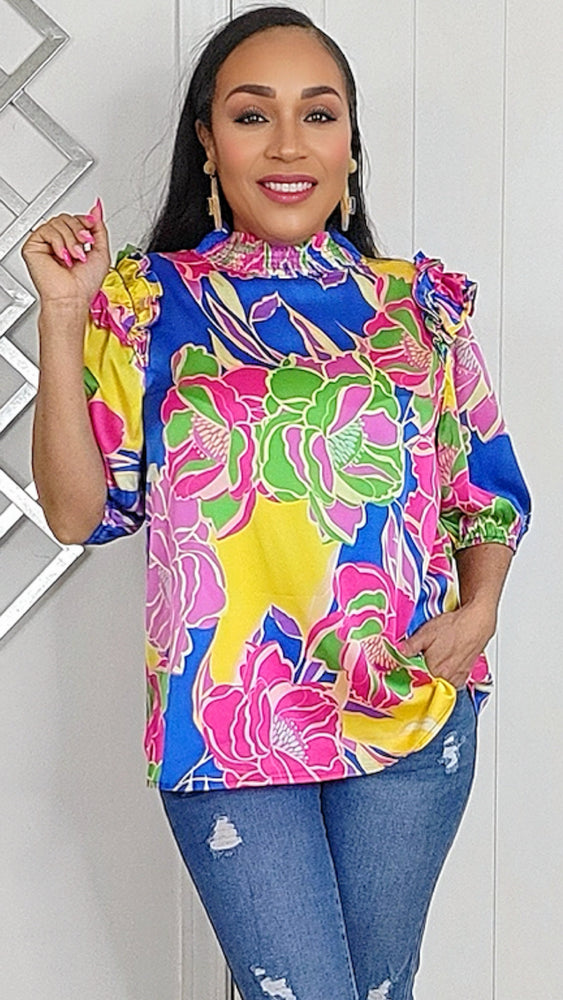 030725 The Blue Florals Printed Smocked Mockneck Top