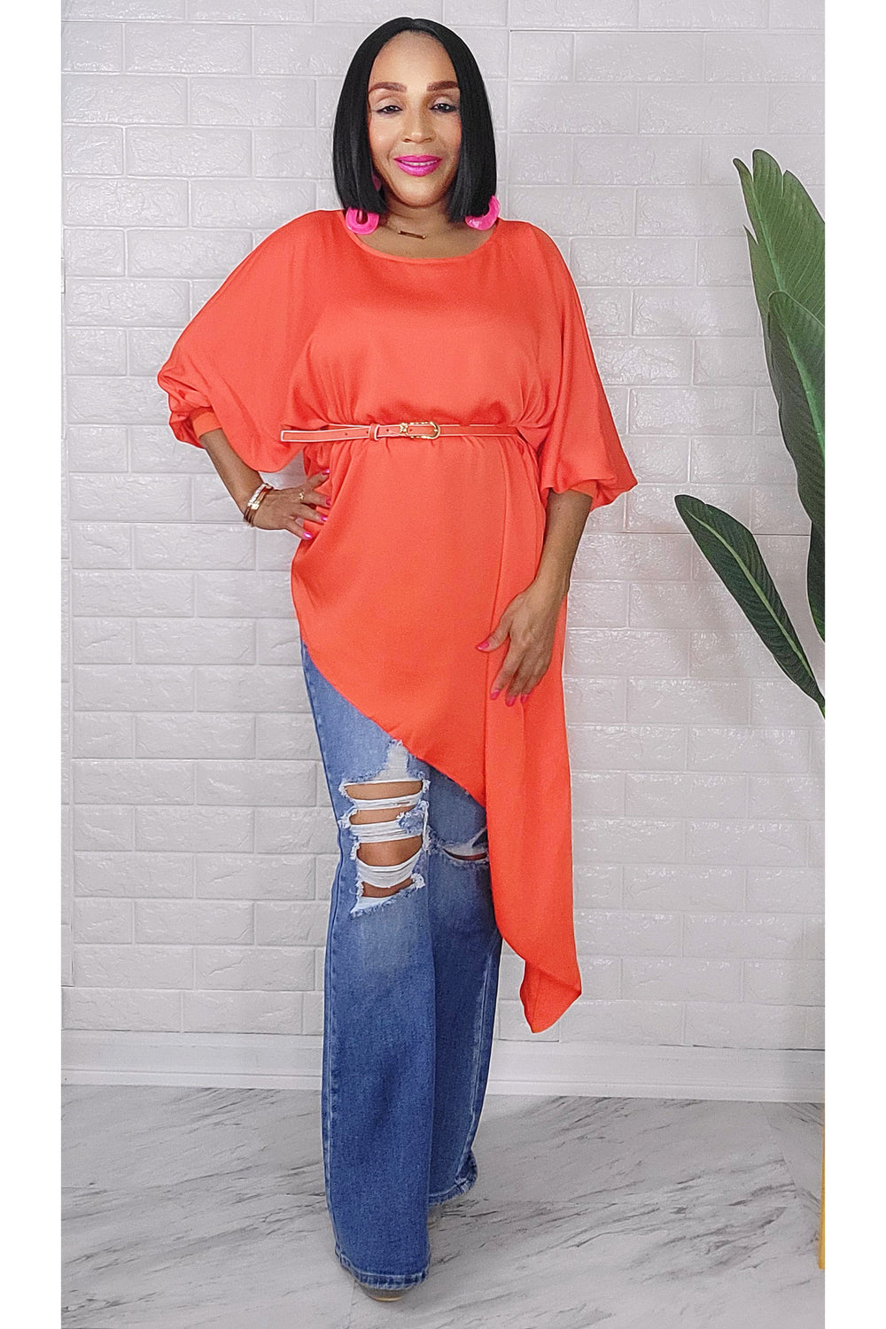 060323 The Side High & Low Orange Top With Belt