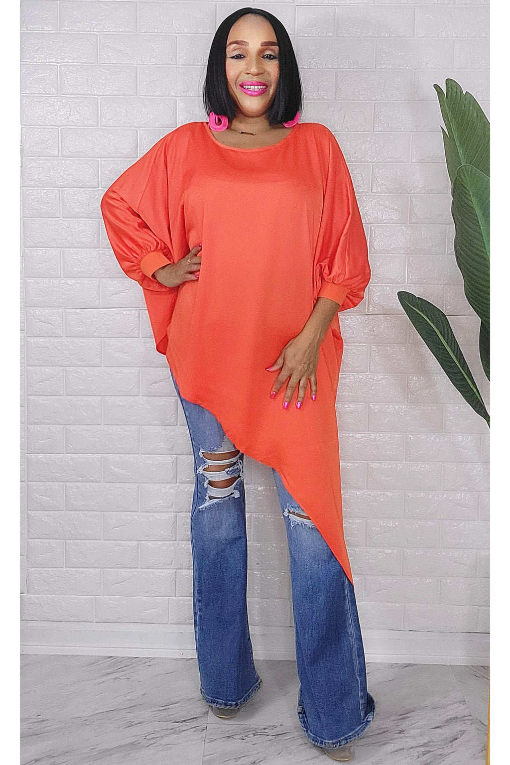 060323 The Side High & Low Orange Top With Belt