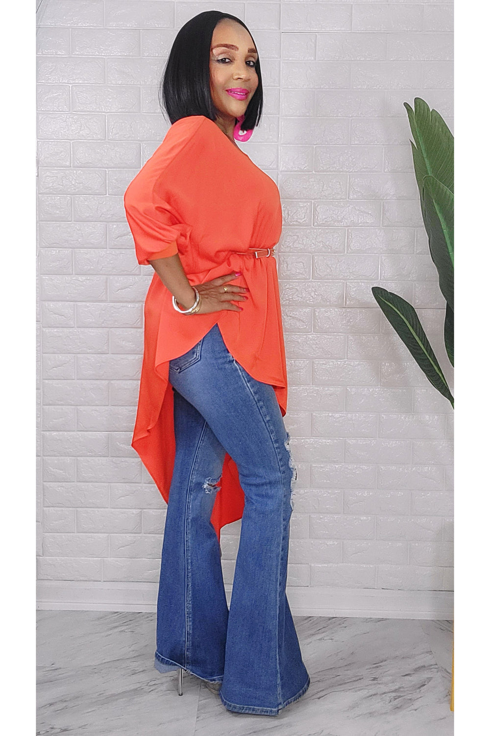 060323 The Side High & Low Orange Top With Belt