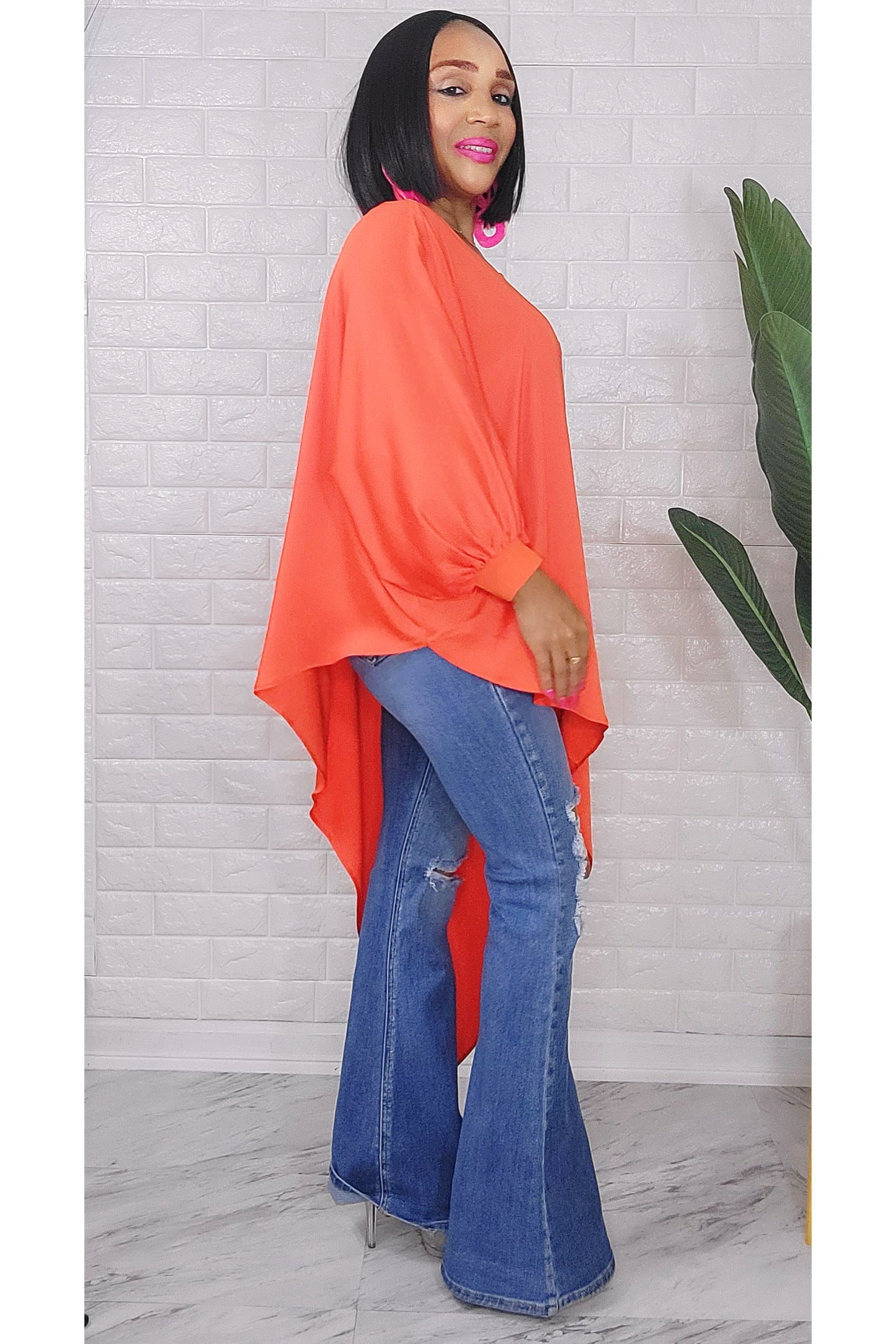 060323 The Side High & Low Orange Top With Belt
