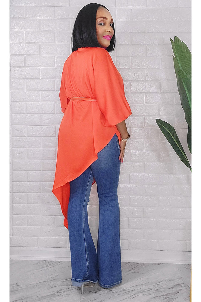 060323 The Side High & Low Orange Top With Belt