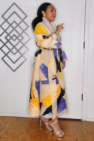 101024 The Yellow Pleated Printed Midi Dress