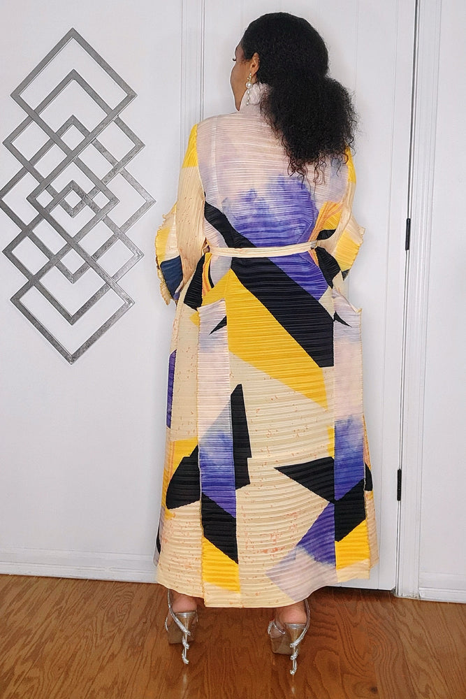 101024 The Yellow Pleated Printed Midi Dress