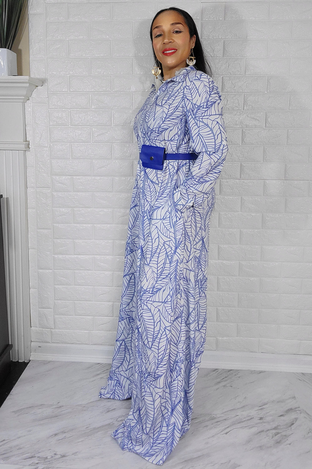 060923 White & Royal Blue Leaves Print Jumpsuit with Fanny Pack