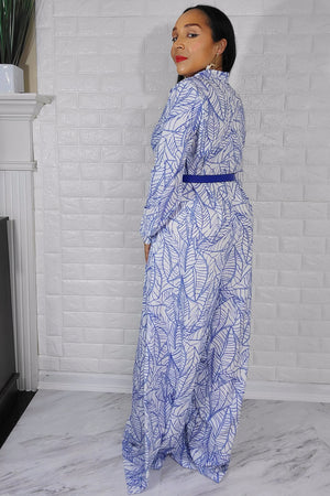 060923 White & Royal Blue Leaves Print Jumpsuit with Fanny Pack