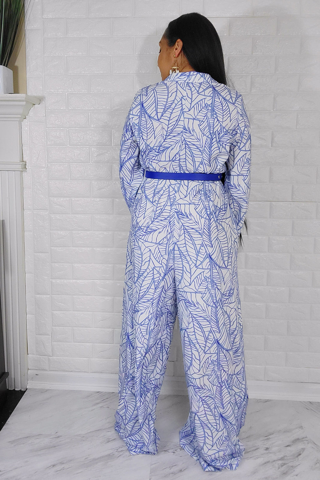 060923 White & Royal Blue Leaves Print Jumpsuit with Fanny Pack