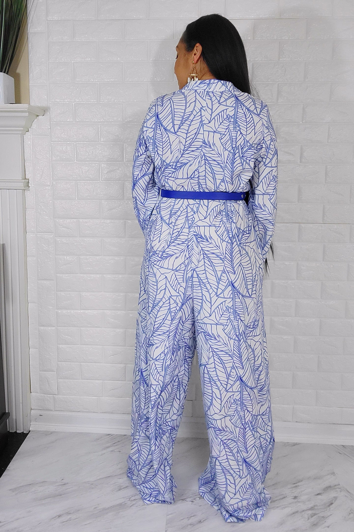 060923 White & Royal Blue Leaves Print Jumpsuit with Fanny Pack