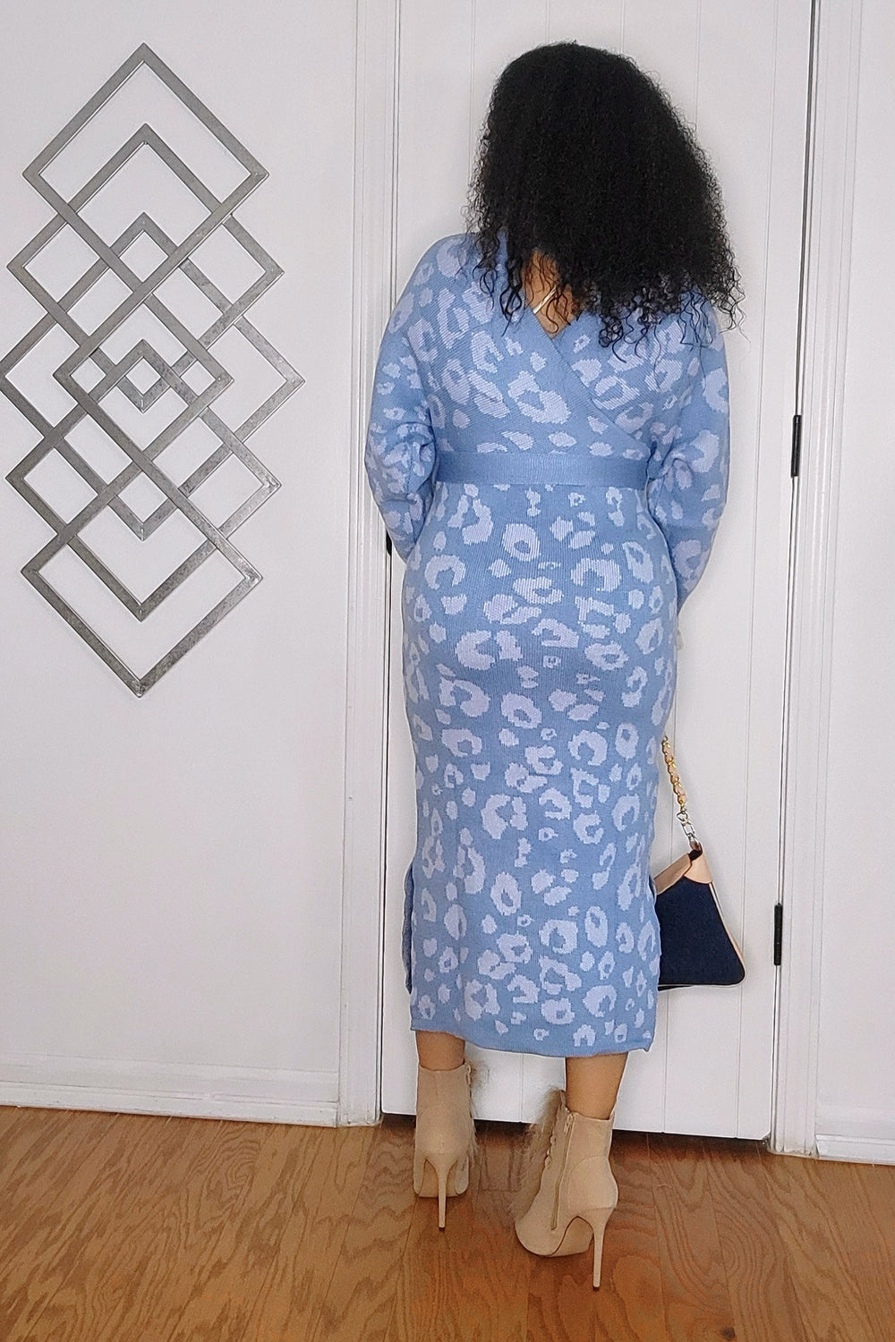 101024 Blue Animal Print Long Sleeve Surplice Self Tie Slit Midi Dress