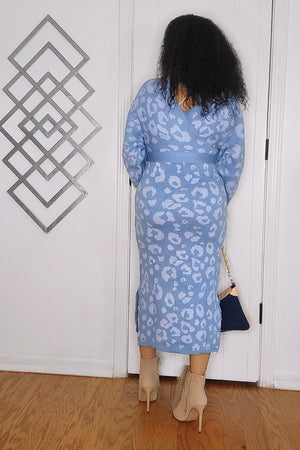 101024 Blue Animal Print Long Sleeve Surplice Self Tie Slit Midi Dress