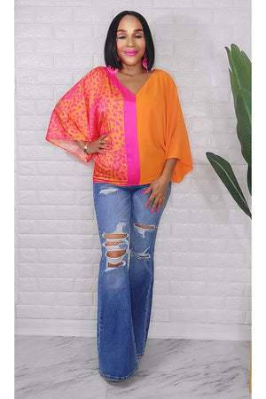 061023 The Orange & Fuchsia Colorblock Animal Print Top
