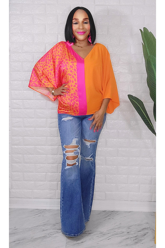 061023 The Orange & Fuchsia Colorblock Animal Print Top