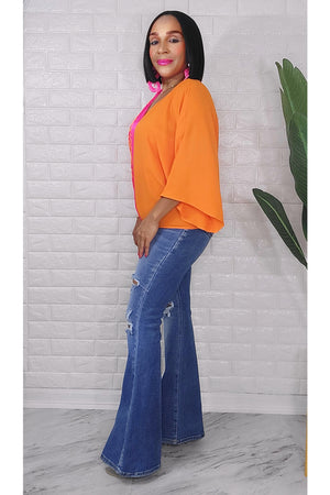 061023 The Orange & Fuchsia Colorblock Animal Print Top