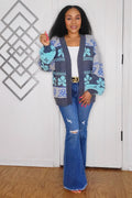 101024 The Charcoal Multi Print Open Front Short Cardigan Sweater