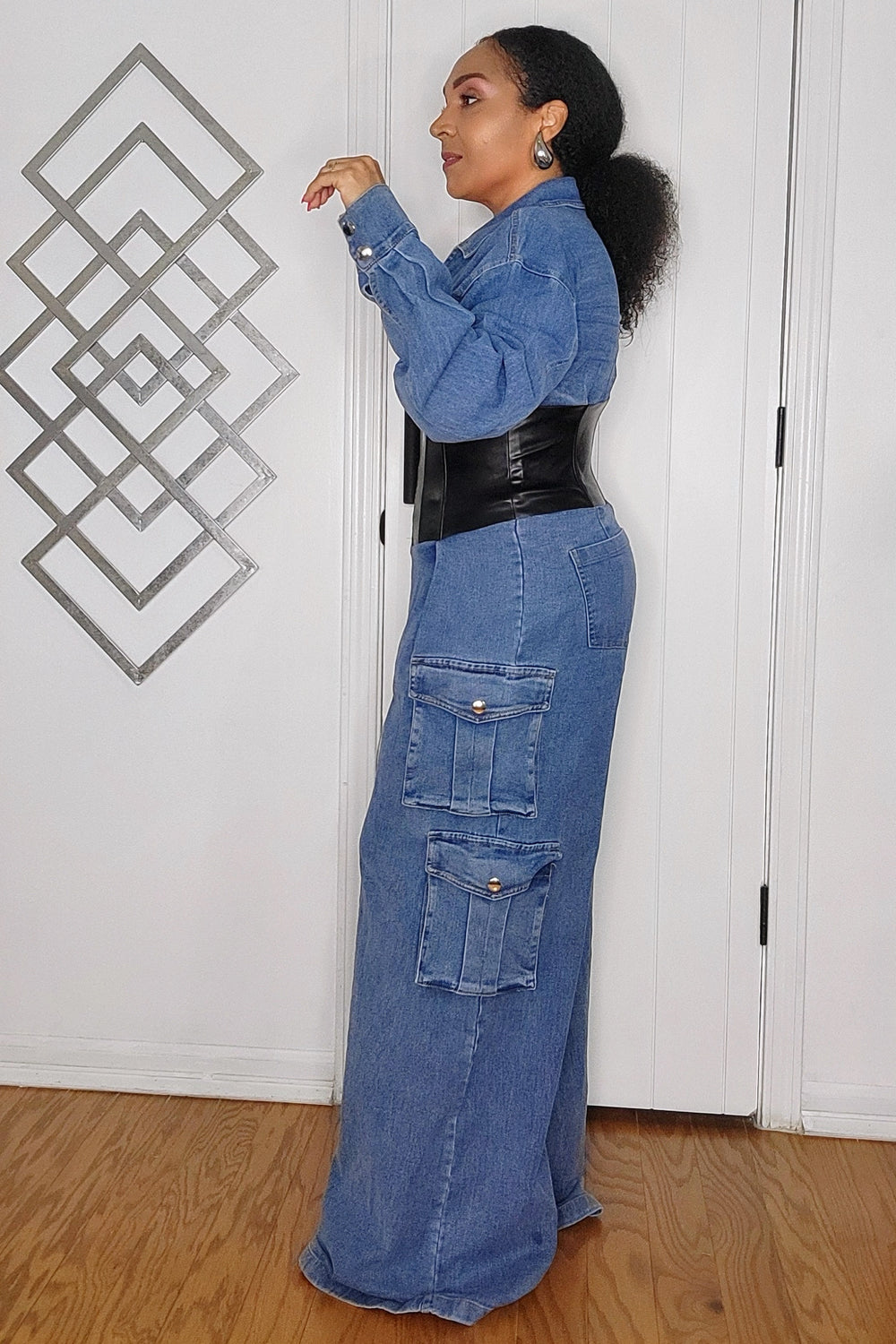 100424 The Cargo Denim Jumpsuit with Black Faux Leather Corset