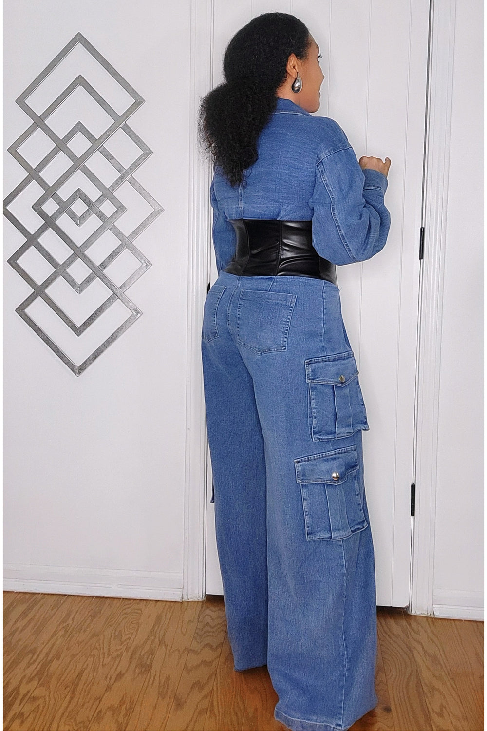 100424 The Cargo Denim Jumpsuit with Black Faux Leather Corset