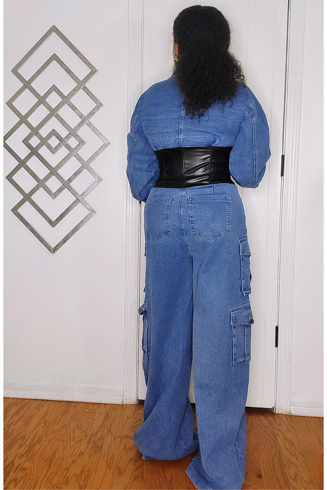 100424 The Cargo Denim Jumpsuit with Black Faux Leather Corset