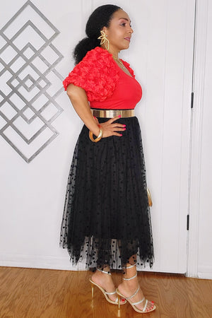 092624  Red Rose Petal Bubble Sleeve Ribbed Knit Bodysuit