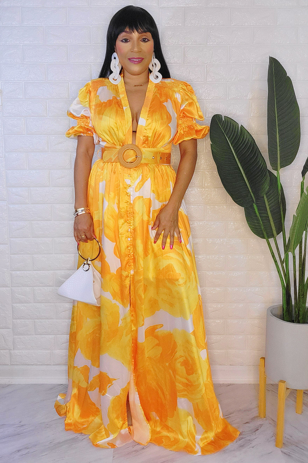 061723 Yellow Floral Puff Sleeve Maxi Dress