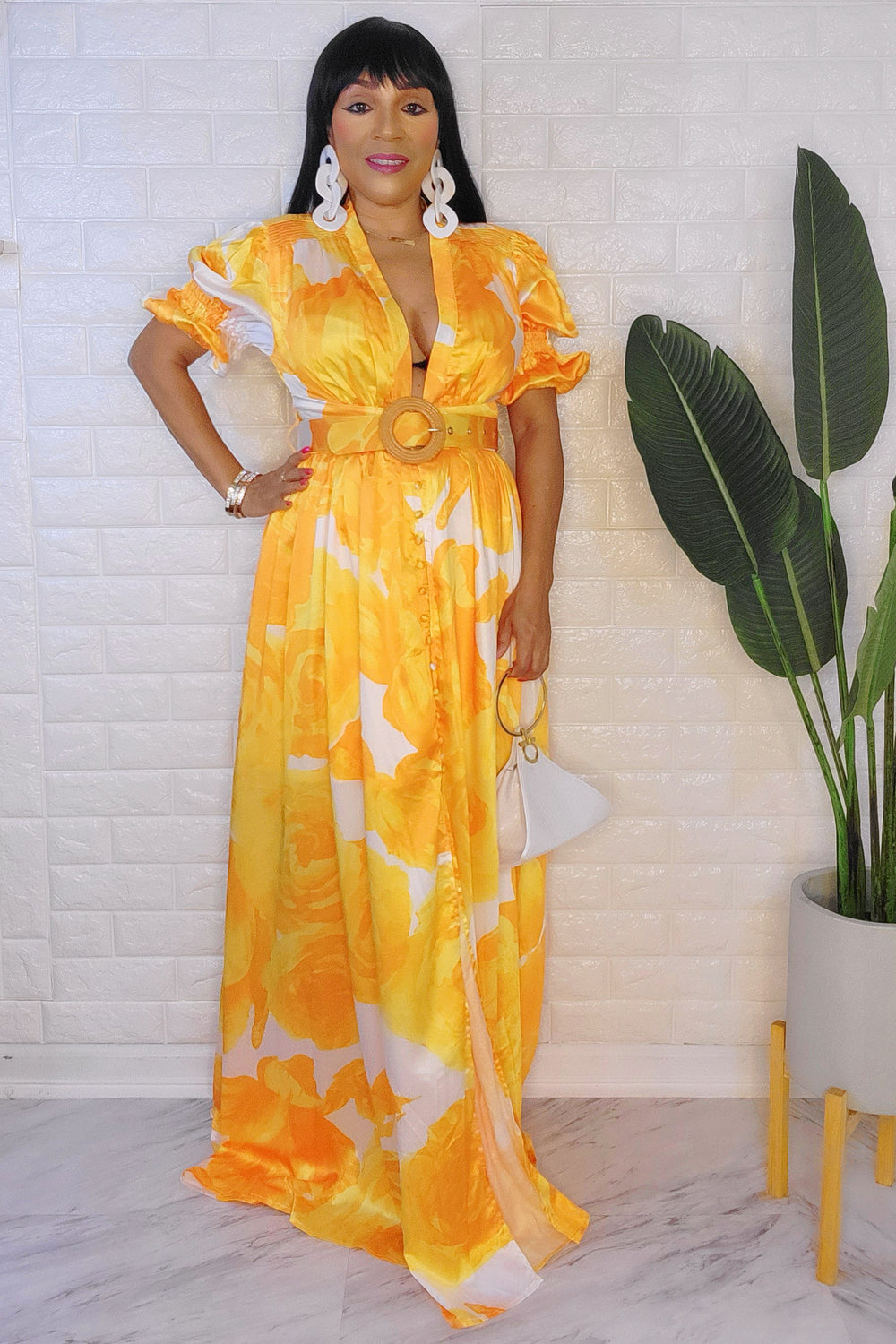 061723 Yellow Floral Puff Sleeve Maxi Dress