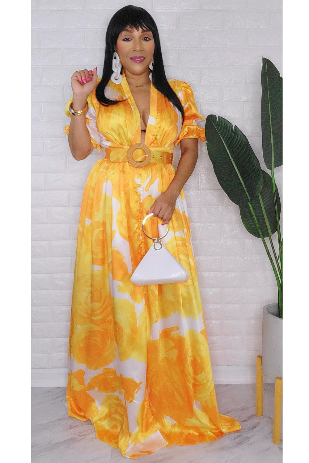 061723 Yellow Floral Puff Sleeve Maxi Dress