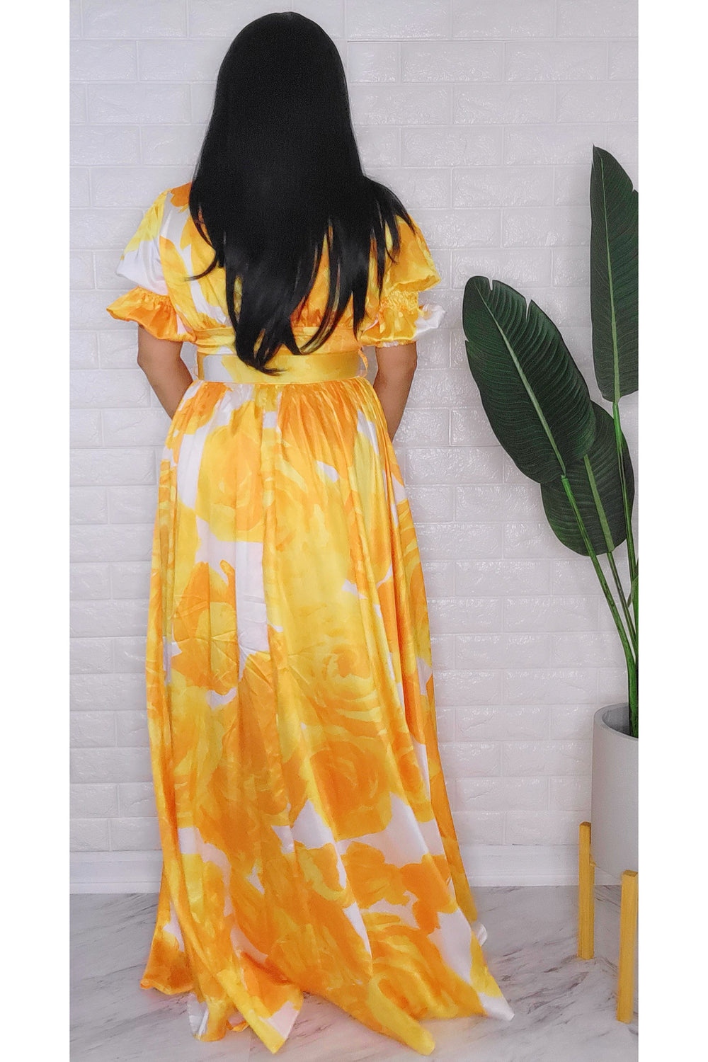 061723 Yellow Floral Puff Sleeve Maxi Dress